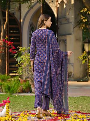 Women navy blue rayon blend floral printed straight kurta trouser and dupatta 4