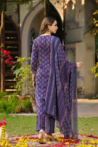 Women navy blue rayon blend floral printed straight kurta trouser and dupatta