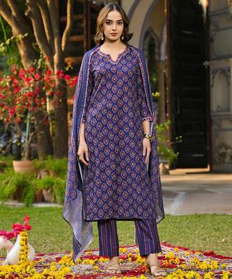 Women navy blue rayon blend floral printed straight kurta trouser and dupatta 5