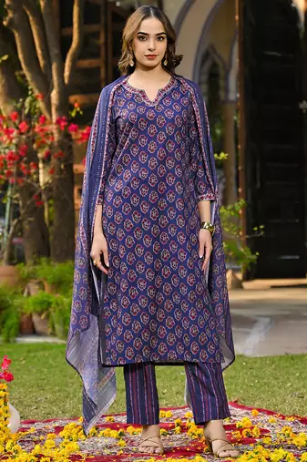 Women navy blue rayon blend floral printed straight kurta trouser and dupatta