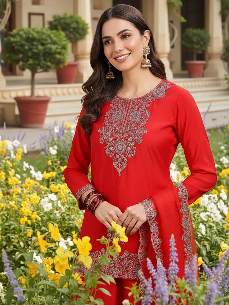Women red silk blend embroidered straight kurta palazzo with dupatta