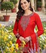 Women red silk blend embroidered straight kurta palazzo with dupatta