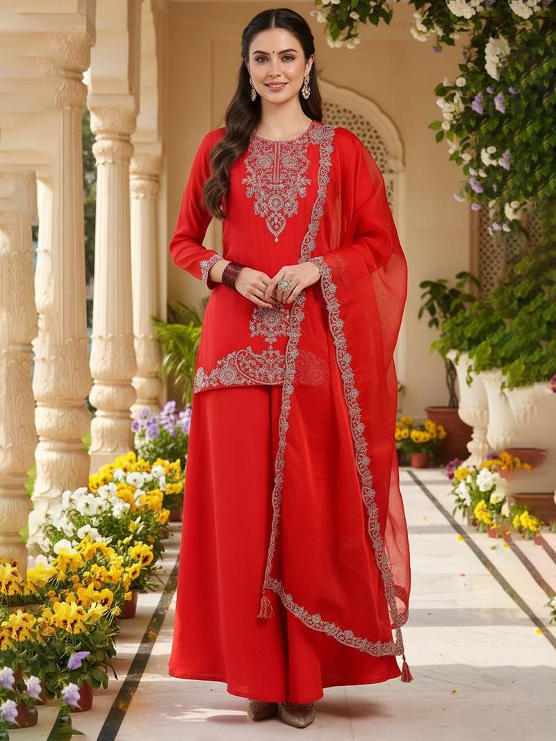 Women red silk blend embroidered straight kurta palazzo with dupatta