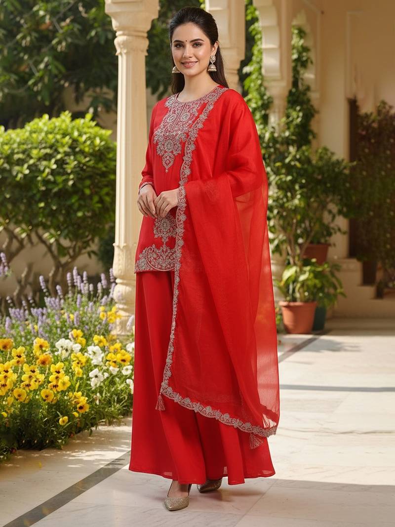 Women red silk blend embroidered straight kurta palazzo with dupatta