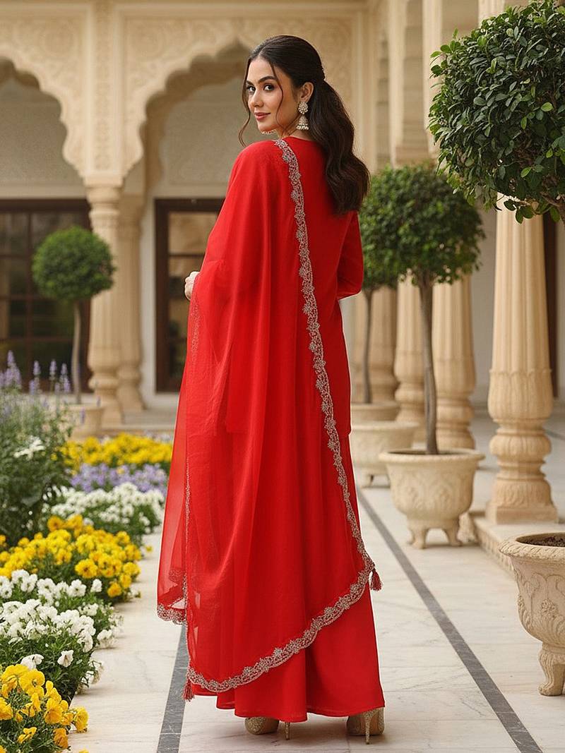 Women red silk blend embroidered straight kurta palazzo with dupatta