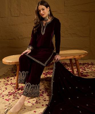 Women purple velvet solid embroidered straight kurta palazzos with dupatta 1