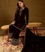 Women purple velvet solid embroidered straight kurta palazzos with dupatta