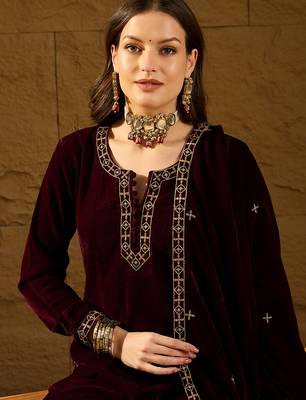 Women purple velvet solid embroidered straight kurta palazzos with dupatta 2