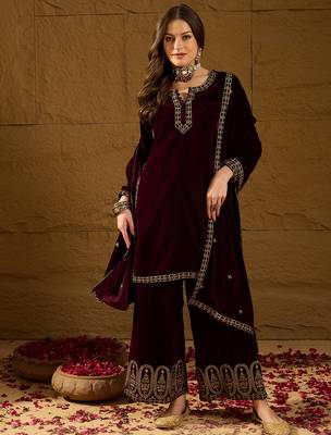 Women purple velvet solid embroidered straight kurta palazzos with dupatta 3