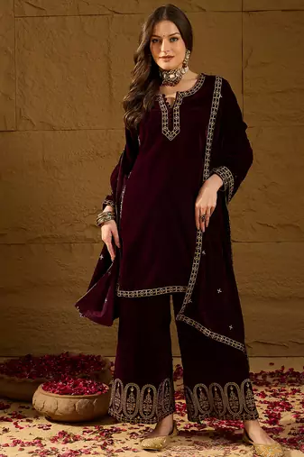 Women purple velvet solid embroidered straight kurta palazzos with dupatta