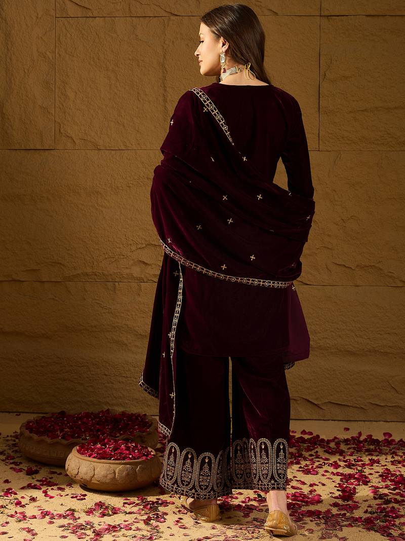 Women purple velvet solid embroidered straight kurta palazzos with dupatta