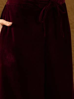 Women purple velvet solid embroidered straight kurta palazzos with dupatta 5