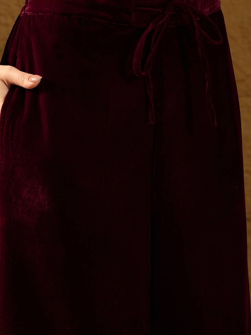 Women purple velvet solid embroidered straight kurta palazzos with dupatta