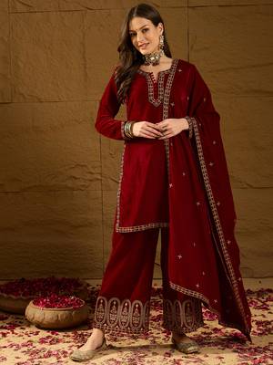 Women red velvet solid embroidered straight kurta palazzos with dupatta 1