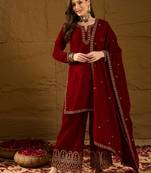 Women red velvet solid embroidered straight kurta palazzos with dupatta
