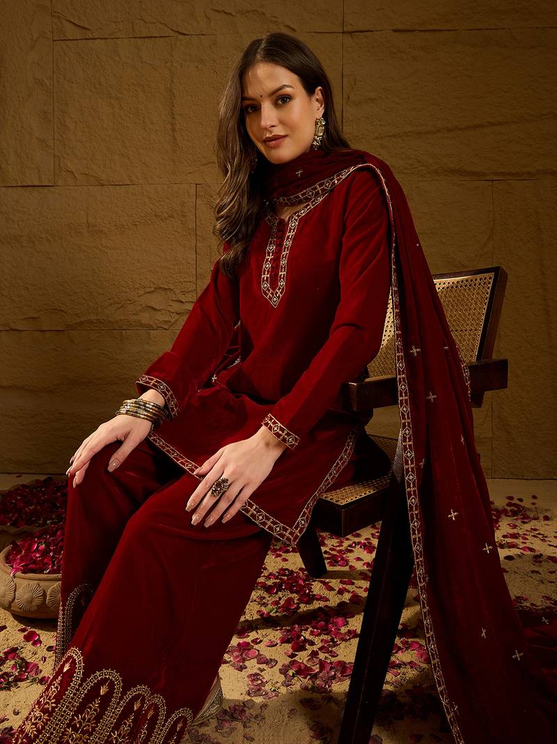 Women red velvet solid embroidered straight kurta palazzos with dupatta