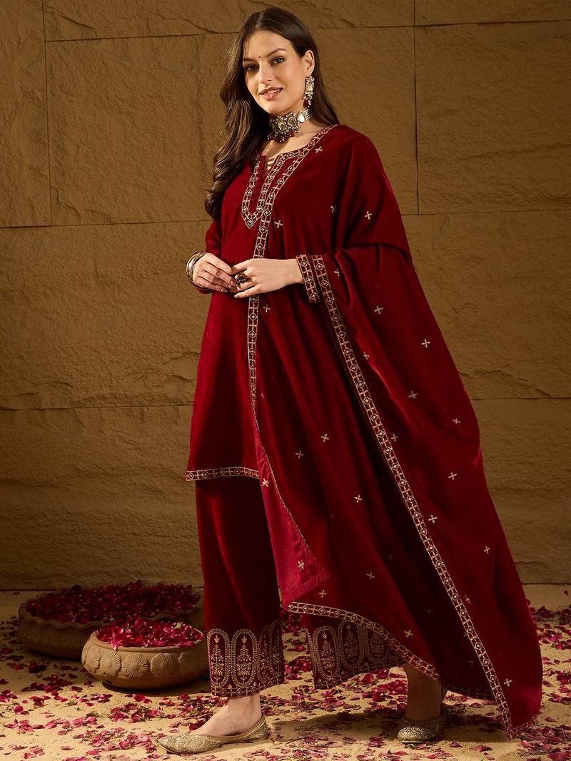Women red velvet solid embroidered straight kurta palazzos with dupatta