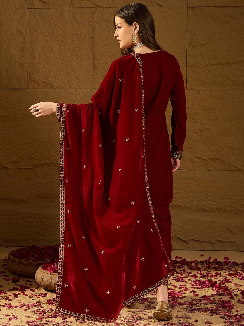 Women red velvet solid embroidered straight kurta palazzos with dupatta