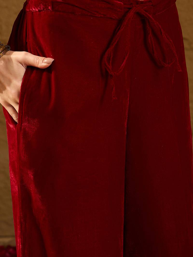 Women red velvet solid embroidered straight kurta palazzos with dupatta