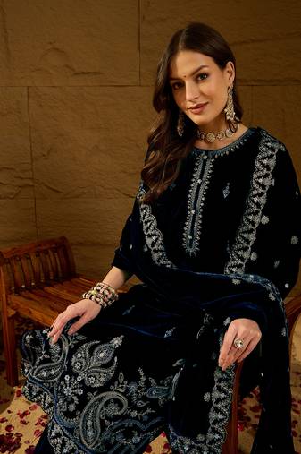 Women blue velvet solid embroidered straight kurta trousers with dupatta