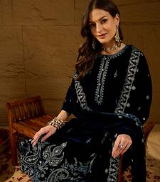 Women blue velvet solid embroidered straight kurta trousers with dupatta