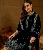 Women blue velvet solid embroidered straight kurta trousers with dupatta