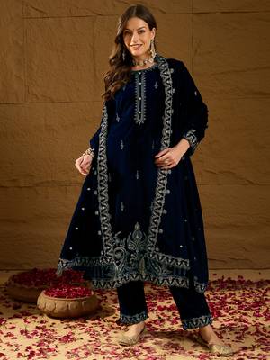 Women blue velvet solid embroidered straight kurta trousers with dupatta 2