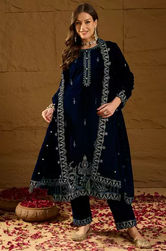 Women blue velvet solid embroidered straight kurta trousers with dupatta