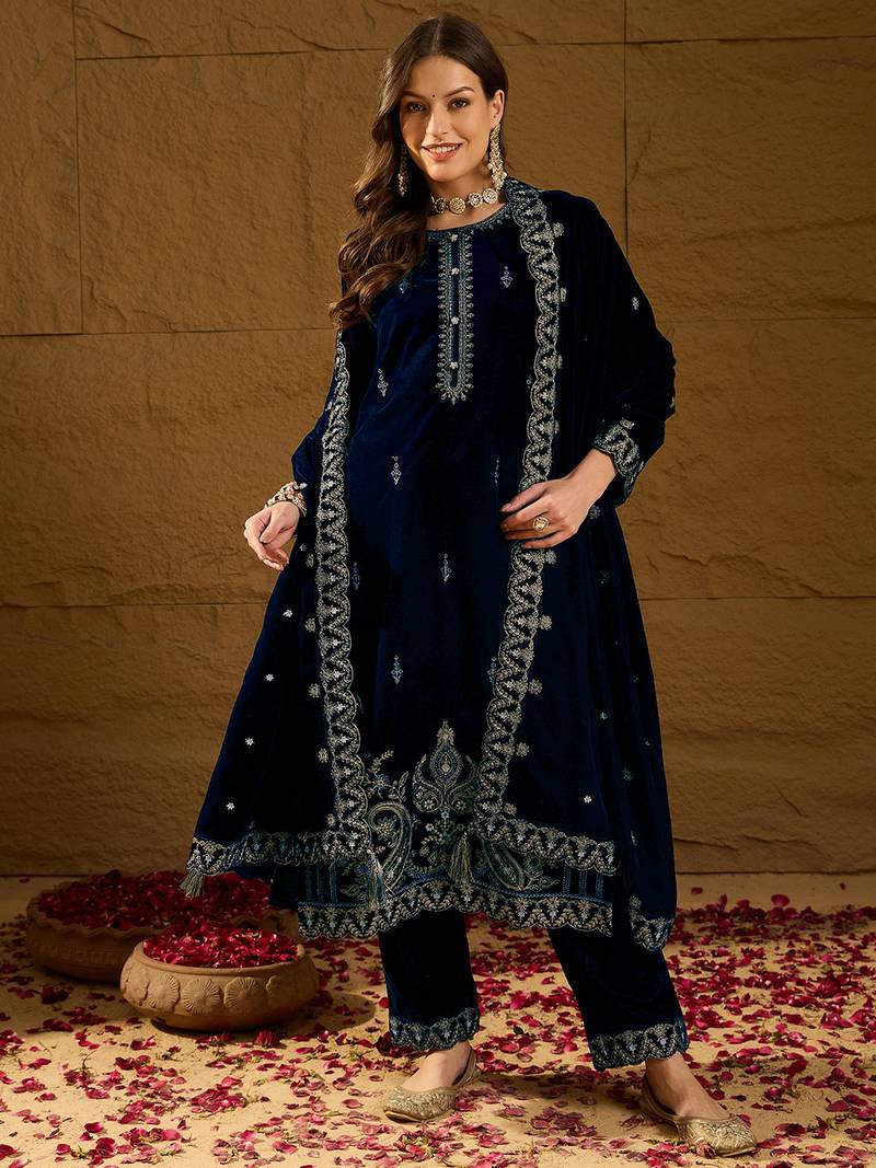 Women blue velvet solid embroidered straight kurta trousers with dupatta