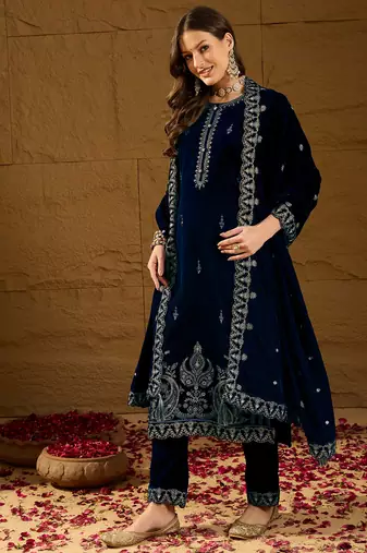 Women blue velvet solid embroidered straight kurta trousers with dupatta