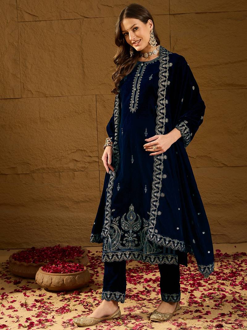 Women blue velvet solid embroidered straight kurta trousers with dupatta