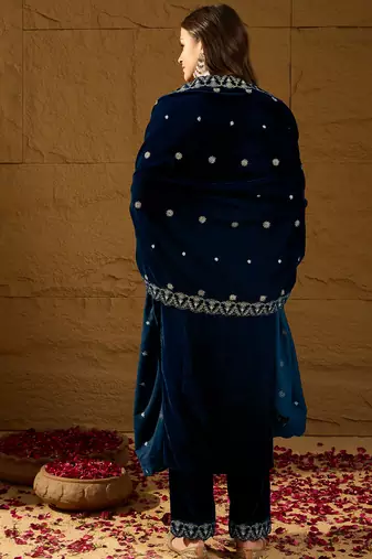 Women blue velvet solid embroidered straight kurta trousers with dupatta
