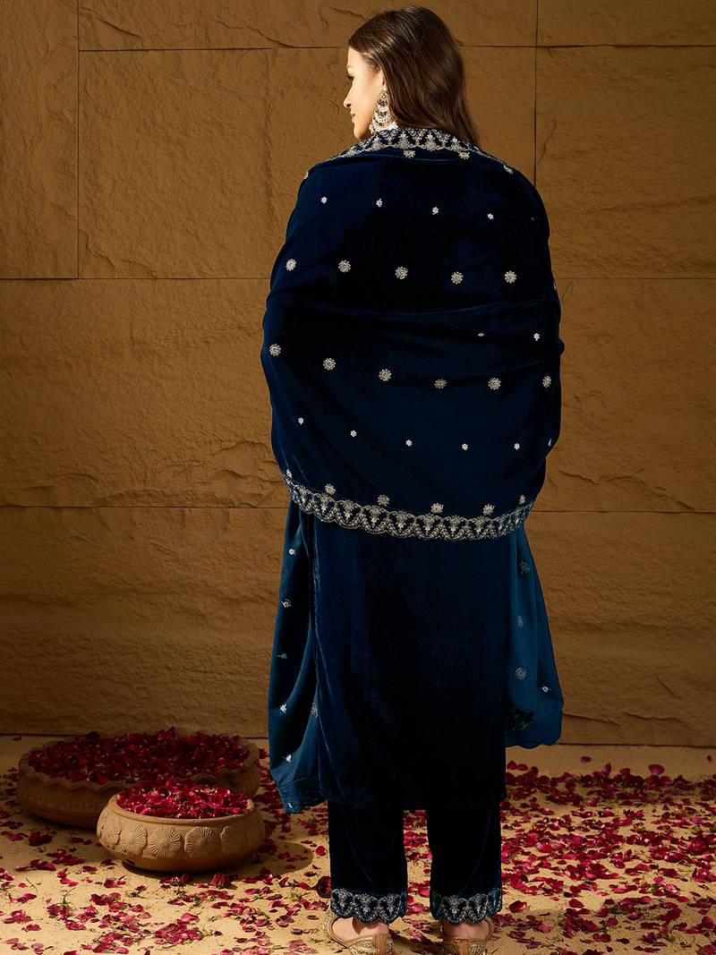 Women blue velvet solid embroidered straight kurta trousers with dupatta