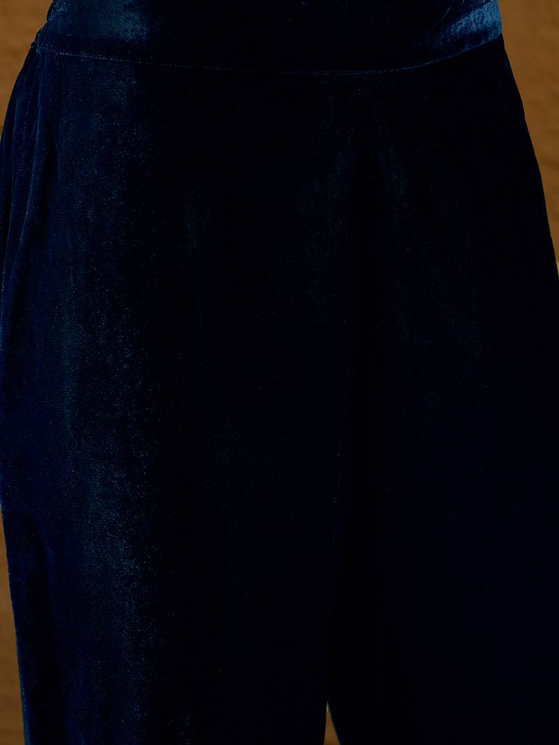 Women blue velvet solid embroidered straight kurta trousers with dupatta