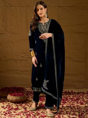 Women navy blue velvet solid embroidered straight kurta trousers with dupatta 1