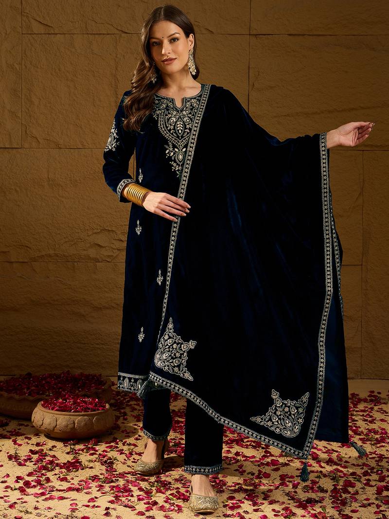 Women navy blue velvet solid embroidered straight kurta trousers with dupatta