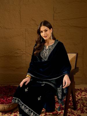 Women navy blue velvet solid embroidered straight kurta trousers with dupatta 3