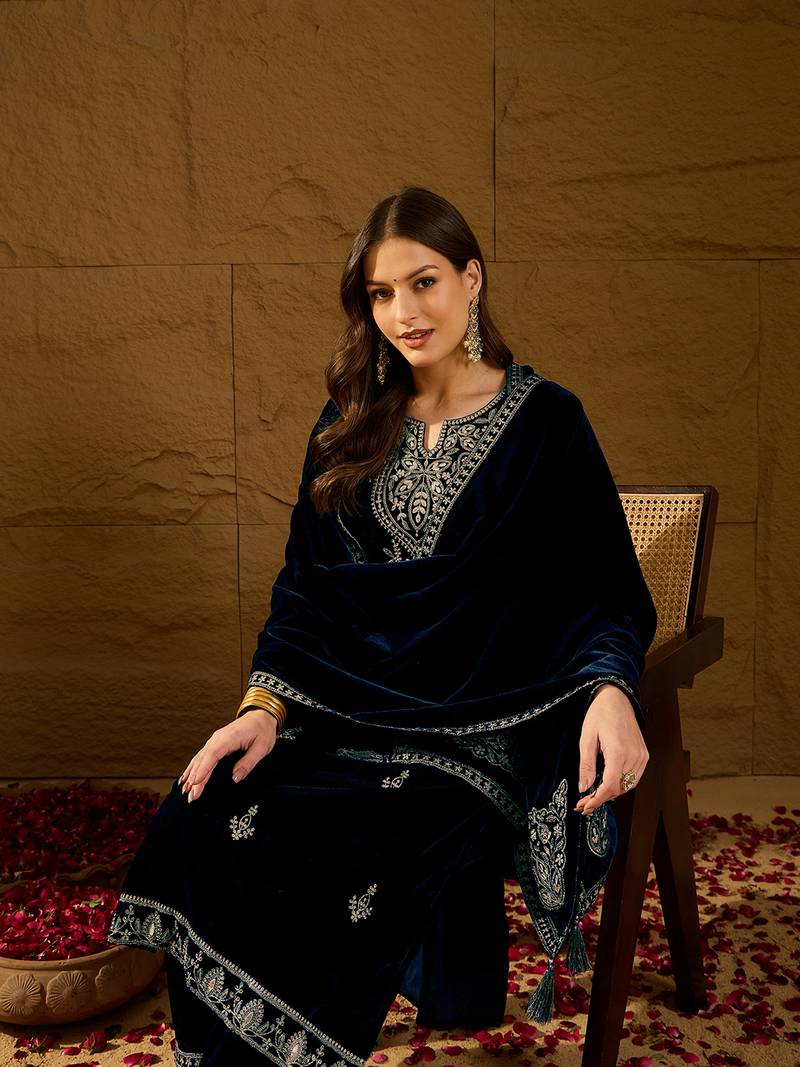Women navy blue velvet solid embroidered straight kurta trousers with dupatta