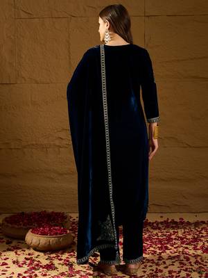 Women navy blue velvet solid embroidered straight kurta trousers with dupatta 4