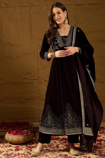 Women purple velvet floral printed anarkali kurta trousers with dupatta