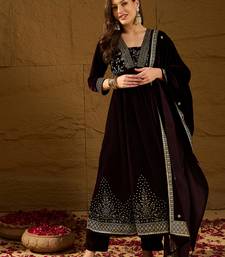 Women purple velvet floral printed anarkali kurta trousers with dupatta