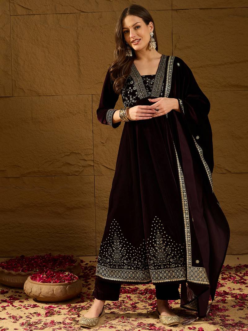 Women purple velvet floral printed anarkali kurta trousers with dupatta