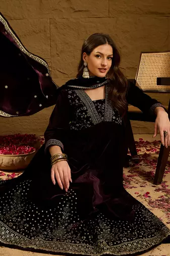 Women purple velvet floral printed anarkali kurta trousers with dupatta