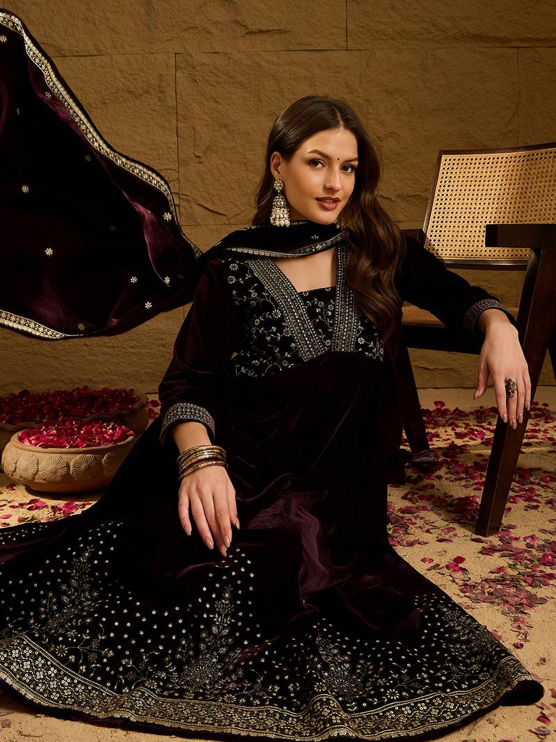 Women purple velvet floral printed anarkali kurta trousers with dupatta