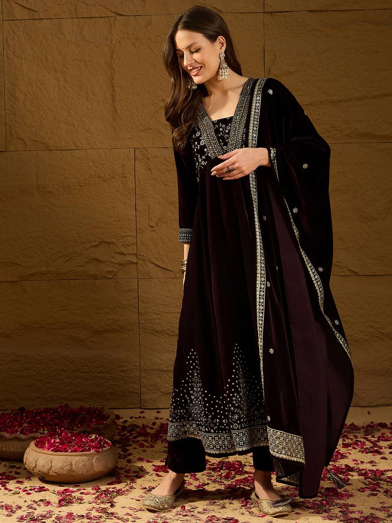Women purple velvet floral printed anarkali kurta trousers with dupatta