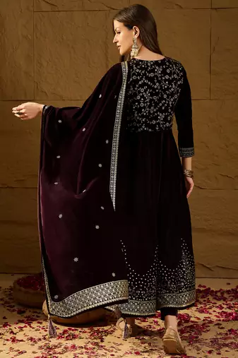 Women purple velvet floral printed anarkali kurta trousers with dupatta