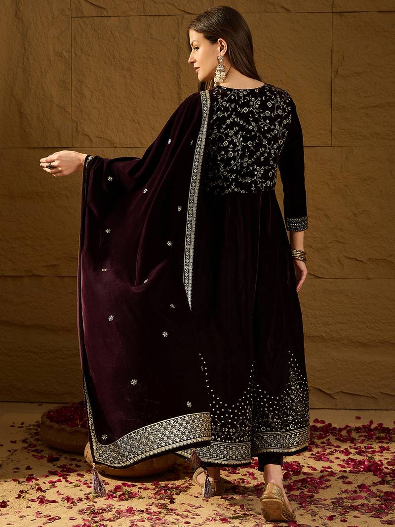 Women purple velvet floral printed anarkali kurta trousers with dupatta