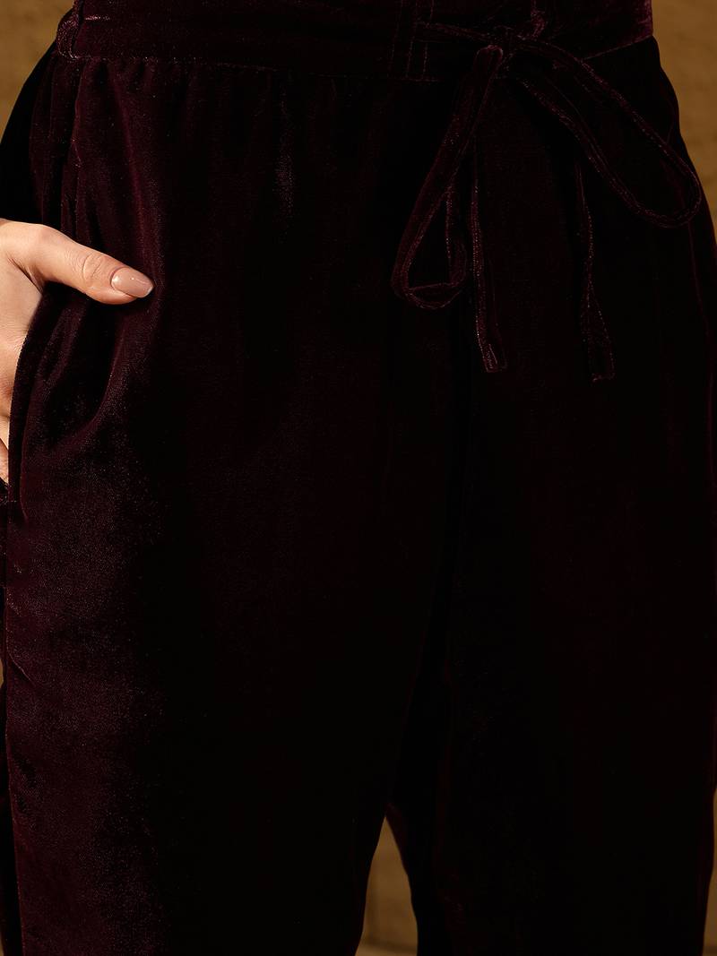 Women purple velvet floral printed anarkali kurta trousers with dupatta