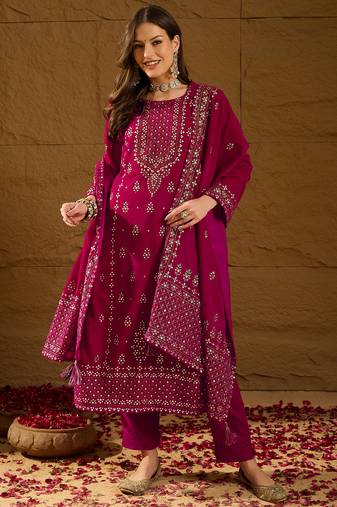 Women pink velvet ethnic motifs printed straight kurta trousers with dupatta