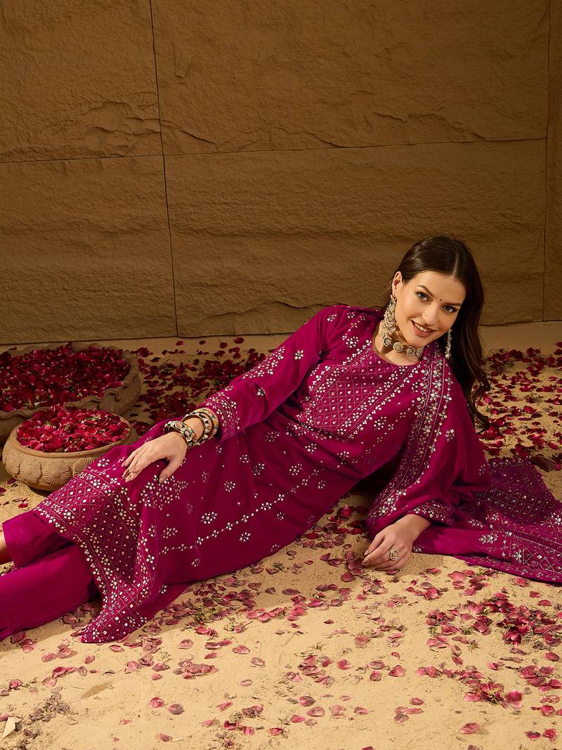 Women pink velvet ethnic motifs printed straight kurta trousers with dupatta